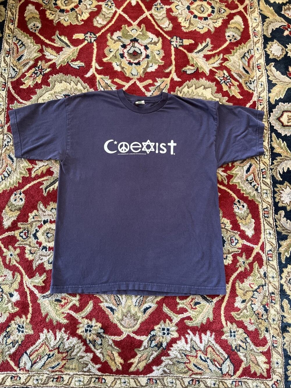 Mens XL COEXIST T-Shirt Navy Blue 100% Organic Cotton Made In USA Tee Shirt